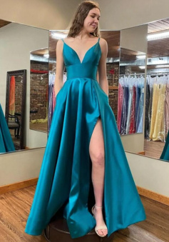 A Line V Neck Blue Satin Long Prom Evenning Dresses