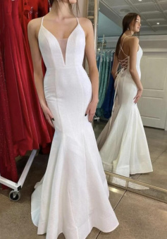 Mermaid Backless White Long Formal Prom Evening Dresses