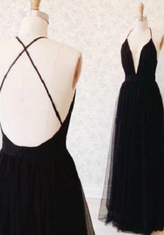 A Line Black Tulle Prom Dress