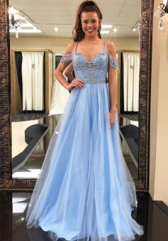 A Line Blue Long Tulle Prom Dress with Beading