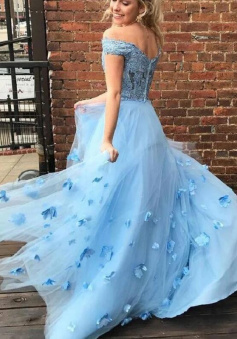Off the Shoulder Lace Two Piece Blue Pretty Prom Dress with 3D flowers