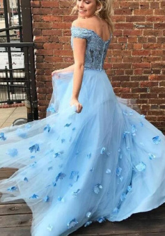 Off the Shoulder Lace Two Piece Blue Pretty Prom Dress with 3D flowers