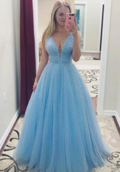 Floor Length Blue Tulle Plunge V neck Prom Dress with Beading