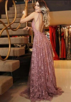 A-line Low Back Lace Prom Dress Evening Dress