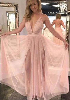 Sexy Blush Pink Side Slits Plunge V neck Prom Dress