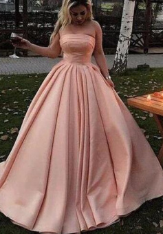 Strapless Blush Pink A-line Satin Prom Dress Graduation Dance Dress