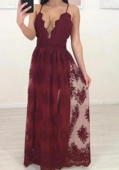 A Line Burgundy Formal Lace Prom Dress