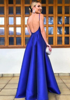Simple Royal Blue Backless Prom Dress