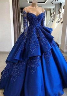 Sparkly Ball Gown Beading Royal Blue Quinceanera Dress with Sleeves