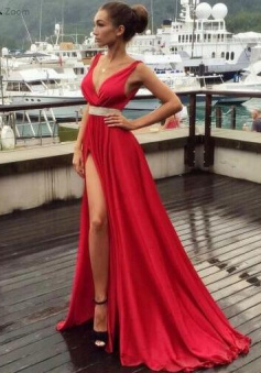 A-line Red Side Slit Chiffon Evening Dress