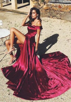 Sexy Off Shoulders Dark Red Side Slit Prom Dress