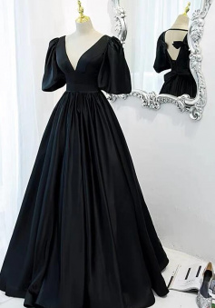 A Line Classy Black Prom Dress with Bubble Sleeves