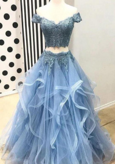 Off Shoulders Dusty Blue Two Piece Ruffles Prom Dress