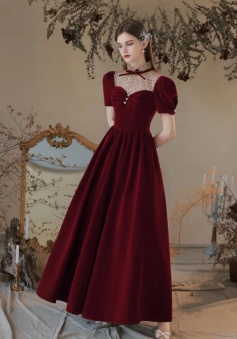 Vintage Burgundy Velvet Long Prom Dress