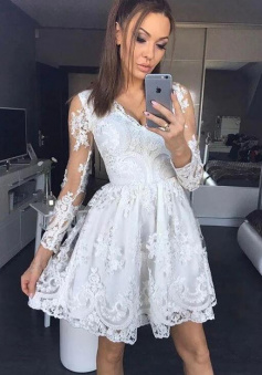 Cute White Lace Short Prom Dress with Sleeves