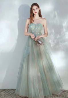 Vintage Flowy Light Green Long Tulle Prom Dress