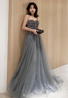 Spaghetti Straps A Line Top Beading Tulle Prom Evening Dresses