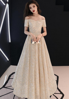 Off Shoulder A line Champagne Prom Dresses With Beading