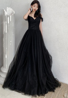 Floor Length v neck off shoulder black tulle long prom dress