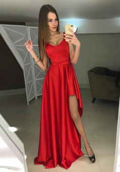 Simple Scoop Neck Red StainProm Dress with Split