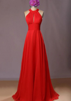 A Line Long Red Chiffon Prom Dress