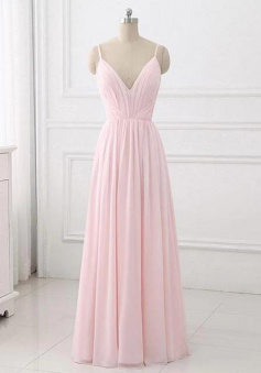 Simple v neck pink chiffon bridesmaid dress