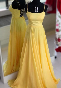 A Line Scoop Neckling Yellow Chiffon Prom Dresses