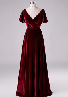 A Line Floor Length Burgundy Velvet Prom Dress
