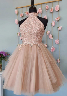 High Neck Short Lace Tulle Homecoming Dresses Short Prom Dress