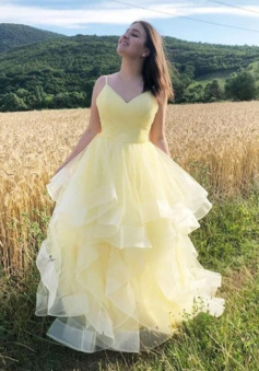 A Line Yellow v neck tulle long prom dress,