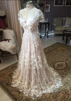 A line v neck applique lace long prom dress