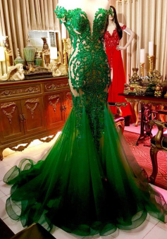 Vintage Illusion Back Green Mermaid Tulle Prom Dress with Beading