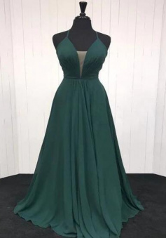 A Line Plunging Neck Dark Green Prom Dress