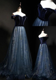 Elegant Off the Shoulder Velvet Long Tulle Evening Dress