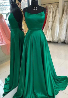 A Line Backless Prom Dress Green Graduation School Party Gown