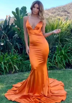 Orange Mermaid Open Back Prom Dress