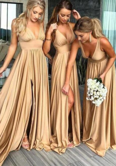 Simple Long V Neck Split Stain Bridesmaid Prom Dress