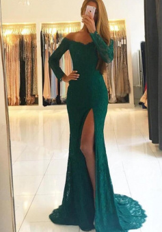 Mermaid Green Lace Prom Evening Dress With Long Sleeves