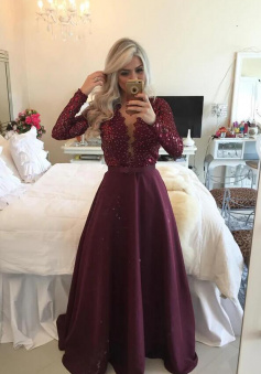 A Line Long Sleeves Purple Prom Dress