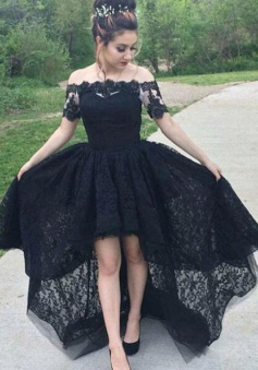 High Low Black Lace Evening Dress With Short Sleeves
