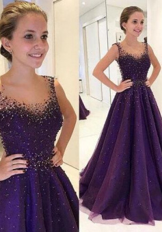 A Line Purple Prom Dress Formal Dress With Beading