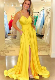 Simple Long Yellow Prom Dress with Slit