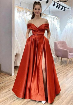 Sexy Satin Prom Evening Dress with Pockets