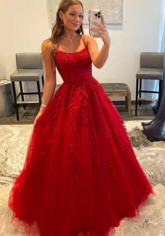 A Line Red Lace Backless Prom Dresses