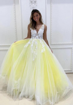 A Line V Neck Tulle Long Formal Dress With Lace