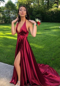 Sexy Wine Red Slit Evening Dress Graduation School Party Gown