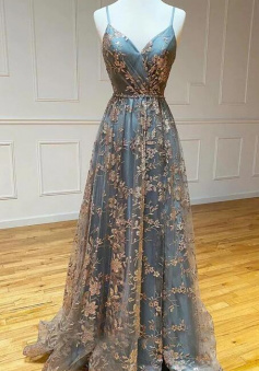 Unique Spaghetti Straps V Neck Lace Prom Dress