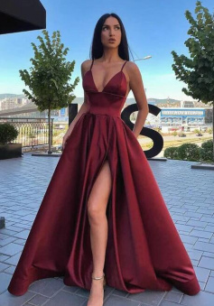 A Line V Neck Satin Prom Dress With High Slit