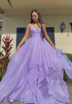 Spaghetti Straps Sparkling V Neck Tulle Prom Dress