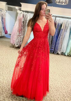 A Line Red Lace Prom Dress 2022